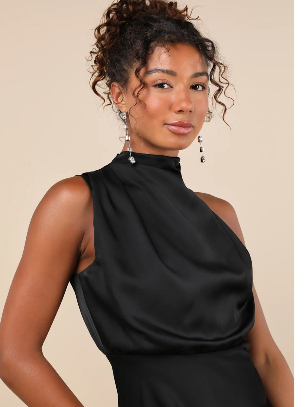 Lulus Distinctive Charm Black Satin Asymmetrical Mock Neck Satin Midi Dress M - Picture 3 of 15